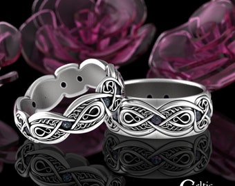 Sterling Silver & Alexandrite Trinity Ring Set, Irish Gemstone Knotwork Rings, Elegant Celtic Wedding Rings, Handfasting Band Set, 1411 1642