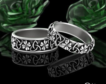 Matching Lucky Clover Shamrock Ring Set, Sterling His Hers Celtic Wedding Band Set, Four Leaf Clover Botanical Couples Rings, 3169 3168