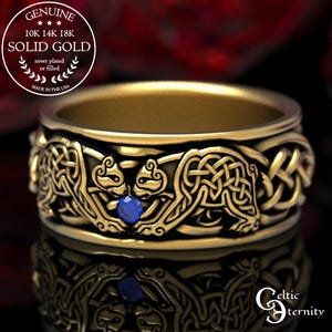 Twin Bears Wedding Ring, Gold Bear Ring, Celtic Bear Ring, Bear Wedding Band, Sapphire Gold Ring, White Gold Mens Wedding Band, 1691