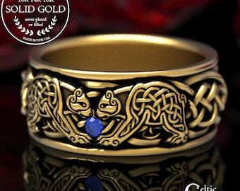Twin Bears Wedding Ring, Gold Bear Ring, Celtic Bear Ring, Bear Wedding Band, Sapphire Gold Ring, White Gold Mens Wedding Band, 1691
