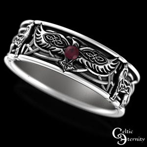Mens Ruby Viking Ring, 2 Wolves & Raven Wedding Band, Sterling Mens Wedding Band, Raven Jewelry, Sterling Wolf Ring, Silver Raven Ring, 1698