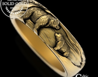 Gold Momma Bear & Baby Cub Ring, 14K Guardian Grizzly Baby Bear Ring, White Gold Black Bear Family Ring, Platinum Warrior Mom Jewelry, 3293