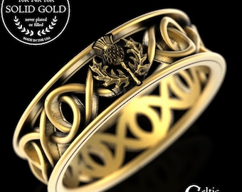 Gold Thistle Wedding Band, Mens Gold Thistle Ring, Scottish Thistle Wedding Ring, 10K Scottish Thistle Ring, 14K Celtic Thistle Ring, 1763