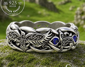 Raven & Wolves Wedding Ring, Sapphire Raven Wedding Band, Sterling Sapphire Viking Ring, Norse Raven Ring, Celtic Raven Wedding Ring, 4696