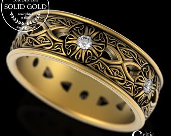 18K Groom's Celtic Cross Wedding Band, 14K Gold & Moissanite Irish Catholic Ring, Men's Christian Jewelry, Sacred Marriage Vow Ring, 3242