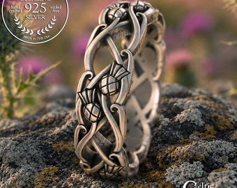 Sterling Classic Thistle Wedding Ring, Silver Woman's Scottish Thistle Ring, Celtic Flower Jewelry, Scotland Heritage Marriage Ring, 3301