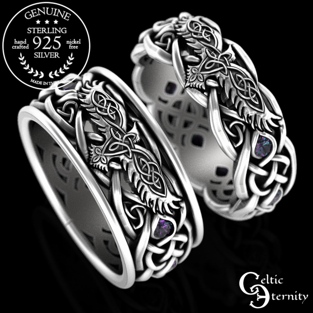 Dual Raven Rings Sterling Viking Wedding Rings, Alexandrite Raven Rings, Celtic Raven ...