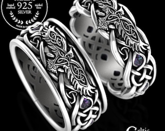 Sterling Viking Wedding Rings, Alexandrite Raven Rings, Celtic Raven Rings, Matching Wedding Bands, Matching Celtic Wedding Rings, 4728 4729