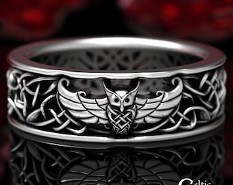 Odin Viking Owl Ring, Viking Wedding Band, Men's Viking Ring, Celtic Sterling Wedding Band, Silver Owl Ring, Celtic Owl Ring, 1436