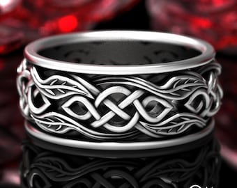 Mens Leaf Wedding Band, Sterling Botanical Wedding Ring, Silver Celtic Woven Ring, Scottish Nature Wedding Ring, Mens Nature Ring, 1962