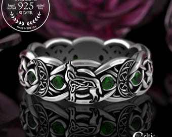 Emerald Celestial Wolf Ring, Sterling Moon Witch Ring, Silver Women's Pagan Ring, Ruby Wiccan Ring, Howling Sacred Wolf Wedding Band, 3261