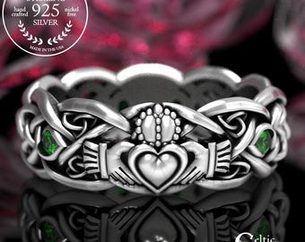 Sterling Silver Celtic Claddagh Ring with Emeralds, Traditional Crown Claddagh Wedding Ring, Green Trinity Knot Silver Heart Ring, 1684