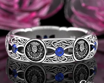 Sterling Sapphire Thistle Wedding Ring, Womens Sapphire Wedding Ring, Silver Scottish Thistle Ring, Celtic Irish Thistle Wedding Band, 4408