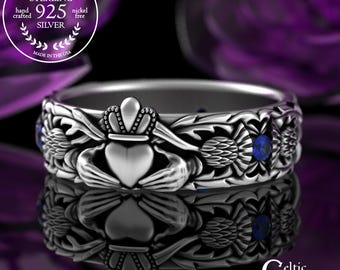 Sterling Thistle Claddagh for Bride, Sapphire Scottish Claddagh Wedding Band, Womens Nature Claddagh, Emerald Irish Heart Wedding Ring, 3244
