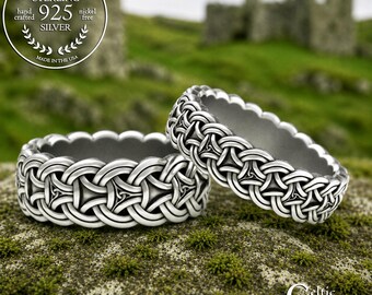 Matching His & Her Pagan Warrior Chainmail Rings, Sterling Viking Pattern Wedding Band Set, Silver Interwoven Shield Knotwork, 3304 3305