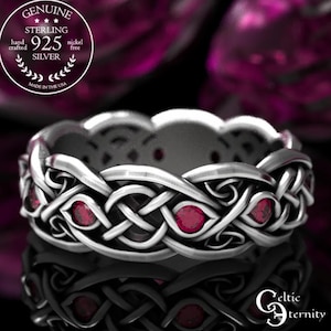 Rubin + Sterling Silber Unendlich Ehering, Sterling Silber keltischer Ring, Erneuerung der Gelübde der Schottin, 1052