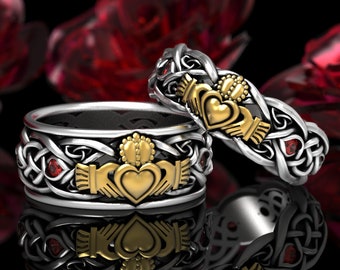 Sterling & 10K His Hers Claddagh Ring Set, 2tone Ruby Claddagh Wedding Rings, Matching Celtic Wedding Bands, Irish Love Rings 1685 1689