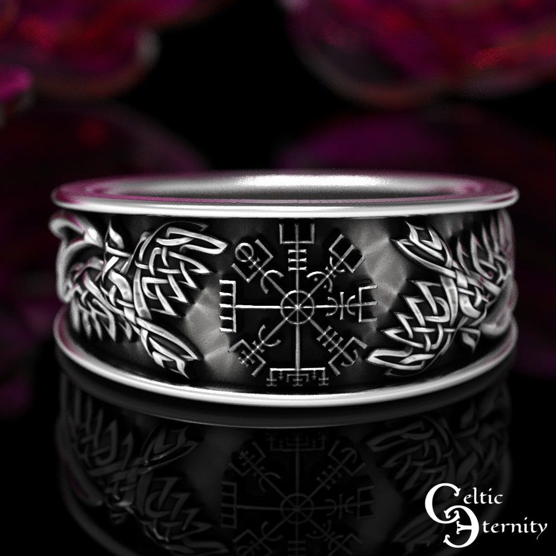 Sterling Viking Ring, Silver Raven Wedding Band, Viking Rune Wedding