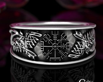 Sterling Viking Ring, Silver Raven Wedding Band, Viking Rune Wedding Band, Mens Viking Wedding Ring, Vegvisir Ring, Mens Viking Ring, 1870