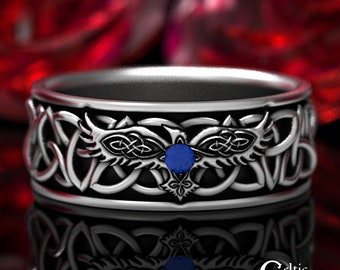 Mens Sterling Celtic Raven Ring, Silver Mens Norse Viking Corvid Ring, Mens Crow Wedding Band, Mens Sapphire Raven Handfasting Ring, 1696