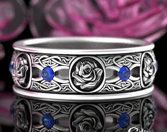 Sapphire Celtic Rose Wedding Band, Sterling Irish Rose Wedding Ring, Sapphire Celtic Knot Ring, Sapphire Irish Wedding Ring, 3045