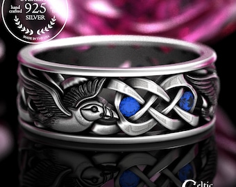 Men's Sea Parrot Ring, Puffin Sapphire Groom Wedding Band, Sterling Celtic Groom's Ring, Silver Irish Animal Jewelry, 2125