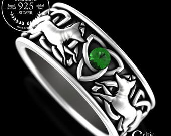 Men's Emerald Fox Lovers Ring, Sterling Twin Flame Foxes Wedding Ring, Sapphire & Silver Celtic Groom Marriage Band, Welsh Fox Ring, 3250