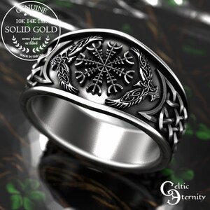 Gold Viking Signet Ring, White Gold Viking Wedding Band, Platinum Raven Ring, Gold Magical Jewelry, Platinum Pagan Ring, Viking Sigil, 1160 image 8