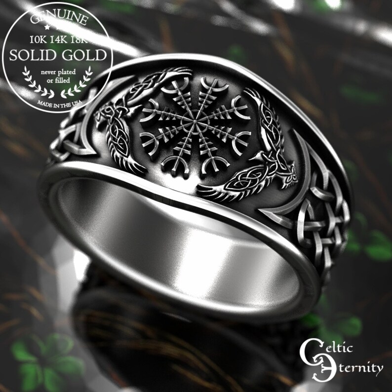 Gold Viking Signet Ring, White Gold Viking Wedding Band, Platinum Raven Ring, Gold Magical Jewelry, Platinum Pagan Ring, Viking Sigil, 1160 image 8