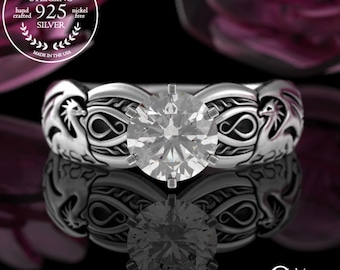 1 Carat Mother of Dragons Solitaire Ring, Sterling Moissanite Dragon Engagement, Womens Bridal Ring, Silver Irish Dragon Wedding Ring, 3185