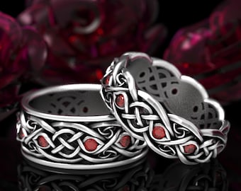 Infinity Wedding Ring Set, Matching Ruby Wedding Rings, Sterling Silver Wedding Bands, Celtic Wedding Rings, Ruby Ring Set, 1096 1052