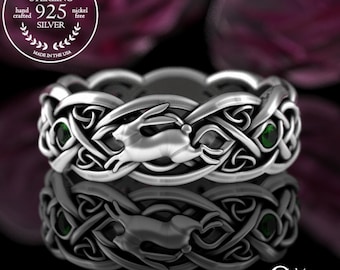 Emerald Rabbit Ring, Sterling Rabbit Ring, Silver Rabbit Wedding, Celtic Rabbit Ring, Hare Ring, Silver Rabbit Ring, Emerald Bunny Ring 4682