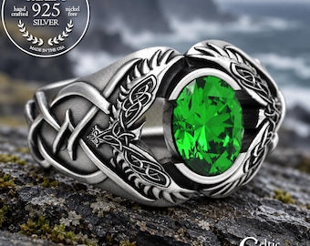 Sterling Viking Raven Ring, Emerald Signet Ring, Odin Raven Ring, Men Viking Ring, Celtic Wedding Band, Norse Ring, Statement Ring, 1477