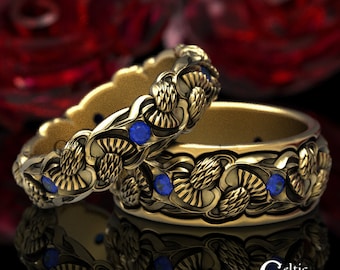 His Hers Thistle Rings, Sapphire & Gold Rings, Gold Ring Set, Scottish Wedding Ring, Celtic Wedding Ring, Platinum Wedding Ring, 1472 1473