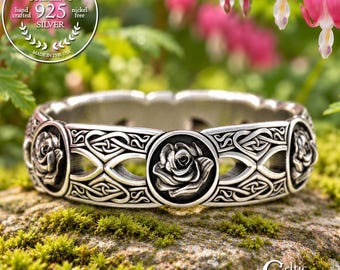 Womens Celtic Rose Wedding Ring, Sterling Scottish Heart Wedding Band, Silver Botanical Flower Ring, Blooming Rose Irish Knotwork, 3043