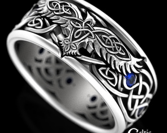 Sterling Sapphire Raven Ring, Mens Celtic Wedding Band, Norse Wedding Ring, Viking Wedding Band, Viking Jewelry, Silver Raven Jewelry, 9728