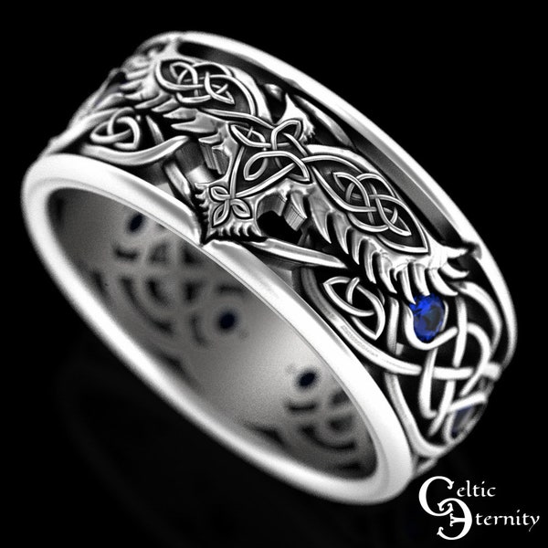 Sterling Sapphire Raven Ring, Mens Celtic Wedding Band, Norse Wedding Ring, Viking Wedding Band, Viking Jewelry, Silver Raven Jewelry, 9728