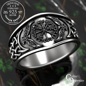 Sterling Vegvísir Wayfinder Statement Ring, Silver Viking Compass Wedding Ring, Odin's Ravens Ring, Norse Warrior Symbol Jewelry, 1159