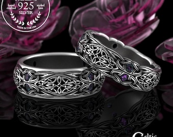 Matching Alexandrite Wedding Rings, Sterling Celtic Knotwork His Hers, Irish Alexandrite Wedding Bands, Silver Scottish Ring Set, 1468 1804