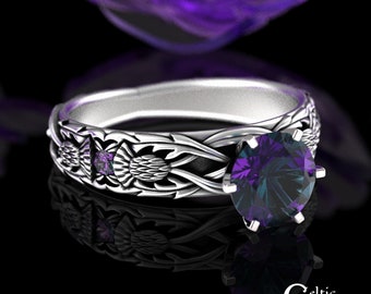 Sterling Silver & Alexandrite Royal Scottish Thistle Ring, Celtic Thistle Gemstone Solitaire Ring, Irish Wild Feminine Engagement Ring, 3062