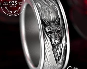 Sterling Silver Wolf Ring, Men's Wolf Wedding Ring, Wolf Ring, Canine Ring, Dog Ring, Pet Remembrance Ring, Animal Ring, 1795