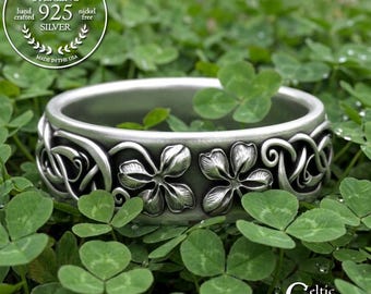 Men's Sterling 4 Leaf Clover Ring, Silver Irish Luck Plant Ring, Groom Celtic Shamrock Wedding Ring, Scottish Botanical Anniversary, 2066