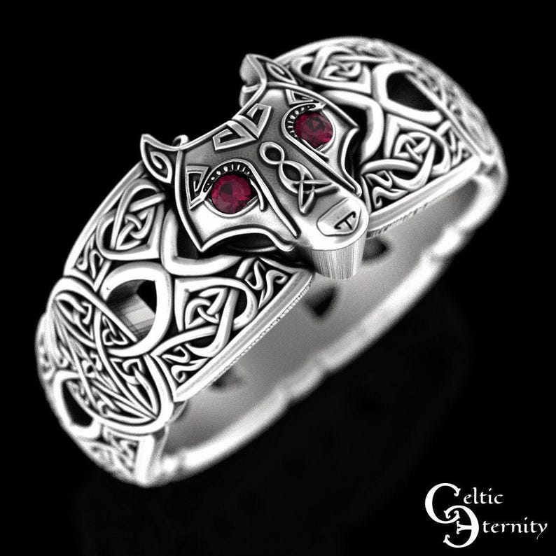 Ruby Celtic Wolf Ring, Ruby Wolf Ring, Sterling Wolf Ring, Wolf Wedding Ring, Ruby Viking Ring, Viking Wolf Ring, Mens Wolf Ring, 1744 image 4