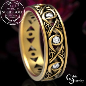 Celtic Moissanite Wedding Ring With Infinity Knots, Celtic Knot Ring, Trinity Knot Ring, Gold Eternity Ring 10K 14K 18K Gold Platinum 1410