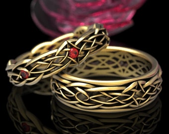 Matching Infinity Knot Ring Set, His Her Gold Celtic Knot Wedding Set with Ruby, 10K 14K 18K Gold Platinum Unique Wedding Band Set, 1416 111