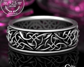 Silver Celtic Wedding Band, Mens Celtic Heart Wedding Ring, Sterling Knotwork Ring, Irish Wedding Band, Unique Wedding Ring, Modern Ring 66