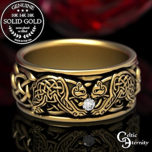 Twin Bears Celtic Wedding Ring, Gold Bear Ring, Celtic Bear Ring, Bear Wedding Band, Moissanite Mens Ring, White Gold Mens Ring, 1691