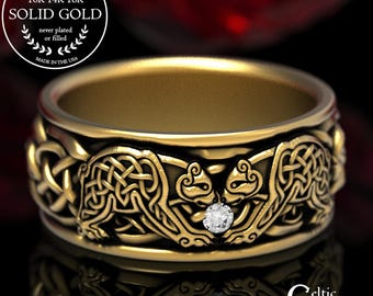 Twin Bears Celtic Wedding Ring, Gold Bear Ring, Celtic Bear Ring, Bear Wedding Band, Moissanite Mens Ring, White Gold Mens Ring, 1691
