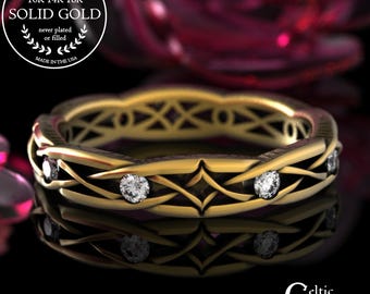 Gold Woman's Intricate Irish Wedding Band, Moissanite & White Gold Celtic Bridal Ring, Platinum Woven Knotwork Anniversary Ring, 2087