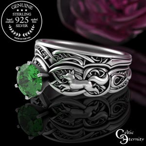 Emerald Fox Engagement Ring with Accent Chevron Ring, Sterling Scottish Foxes Wedding Set, Silver Matching Welsh Bridal Marriage, 3071 1971